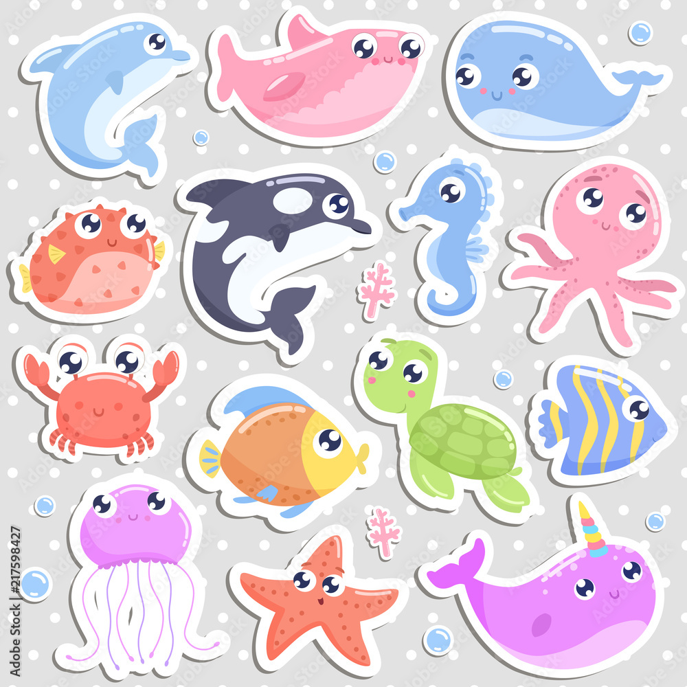 Fototapeta premium Cute cartoon sea animal stickers. Flat design