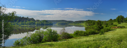 Panorama of mirror lake at dawn
