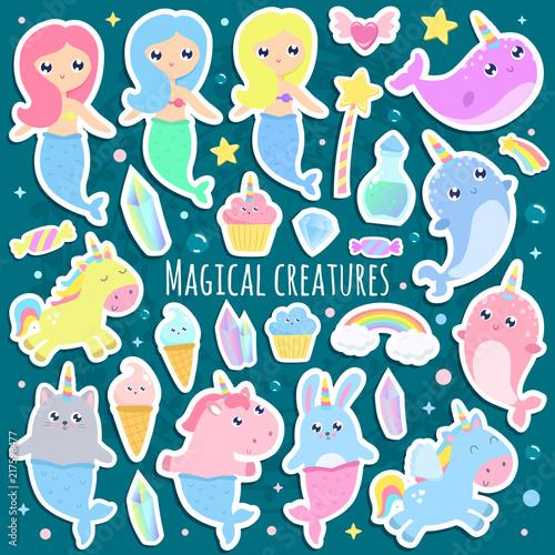 Magical creatures. Narwhal, unicorn mermaid,bunny mermaid, cat mermaid, pegasus, magical items stickers vector illustration