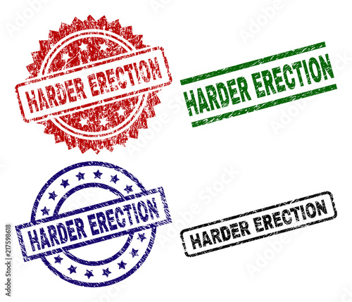 HARDER ERECTION seal prints with distress surface. Black, green,red,blue vector rubber prints of HARDER ERECTION title with dust surface. Rubber seals with round, rectangle, medallion shapes.