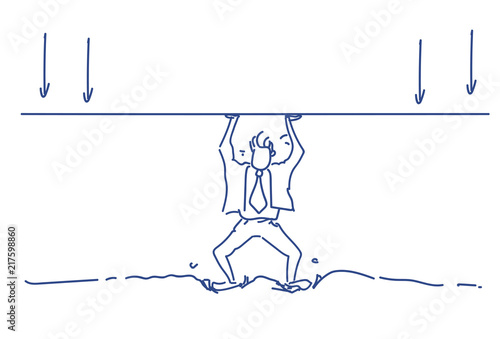 businessman holding line roof arrow balance concept solve problem man silhouette hard working process horizontal sketch doodle vector illustration