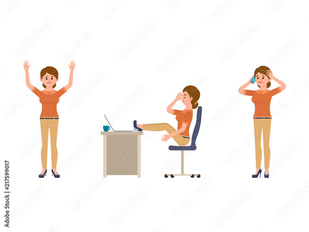 Fototapeta premium Unhappy office woman cartoon character. Upset lady manager sitting, standing, talking on phone
