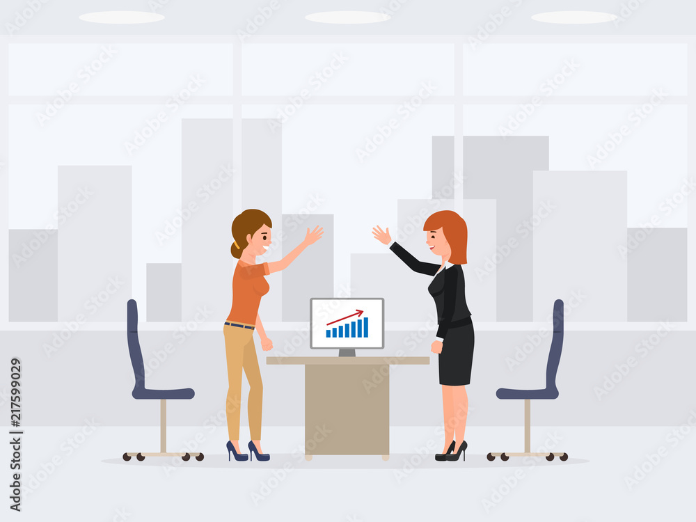 Young happy coworkers discussing business strategy cartoon character. Office workers conversation Young happy coworkers discussing business strategy cartoon character. Office workers conversation