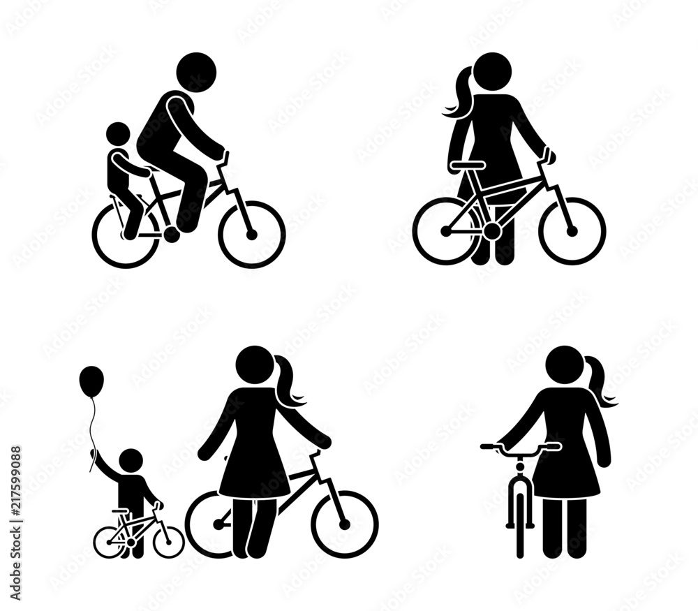 Stick figure man and woman bicycle icon. Riding bike happy people Stock