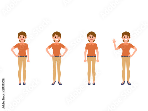 Young lady cartoon character. Female casual look in different poses