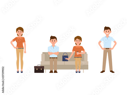 Happy man sitting on sofa with crossed hands, woman drinking coffee. Cartoon character men and women standing and smiling