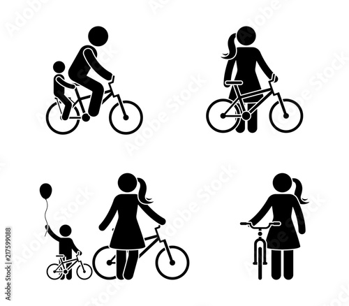 Stick figure man and woman bicycle icon. Riding bike happy people