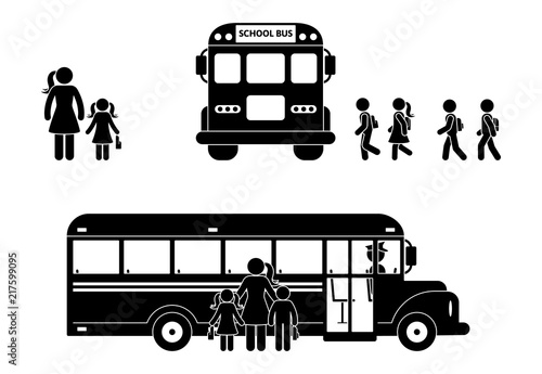 School boys and girls walking to bus stick figure. Mother and children together
