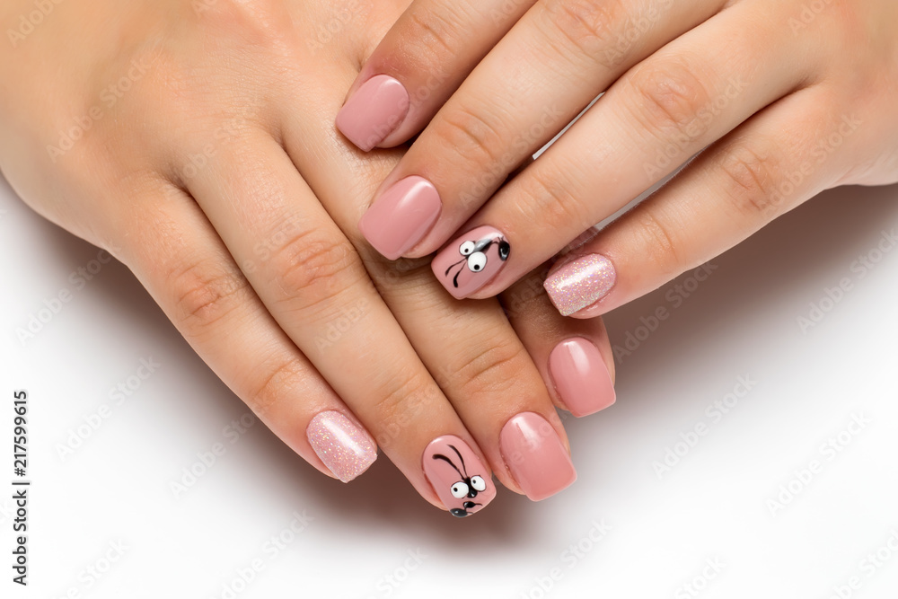 beige pink manicure with sequins and an ant on square short nails
