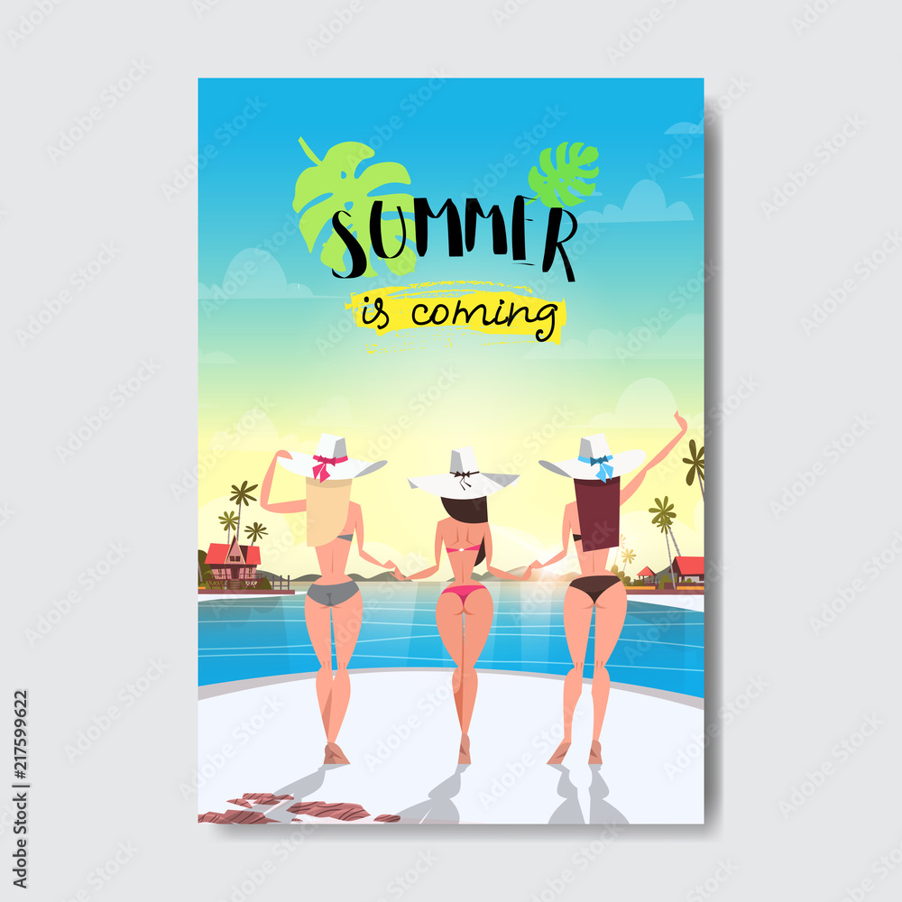 sexy woman holding hands up looking sunset beach rear view booty bare ass bikini summer vacation badge Design Label. Season Holidays lettering for logo Templates invitation greeting card prints and