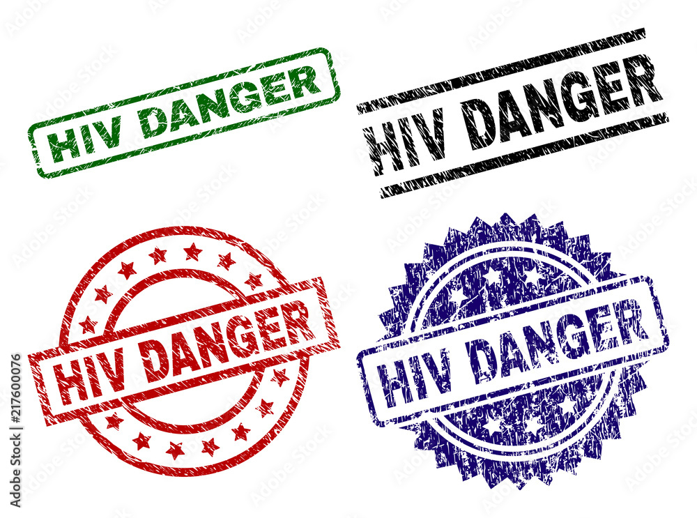 HIV DANGER seal stamps with corroded surface. Black, green,red,blue vector rubber prints of HIV DANGER caption with corroded surface. Rubber seals with circle, rectangle, medallion shapes. HIV DANGER seal stamps with corroded surface. Black, green,red,blue vector rubber prints of HIV DANGER caption with corroded surface. Rubber seals with circle, rectangle, medallion shapes.