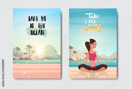 set yoga woman doing exercises sunrise relax landscape beach badge Design Label. summer vacation lettering for logo,Templates, invitation, greeting card, prints and posters. vector illustration