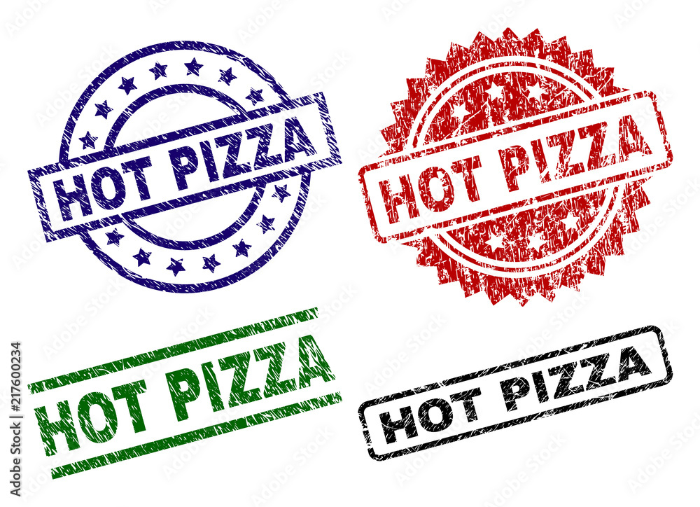 HOT PIZZA seal prints with damaged texture. Black, green,red,blue vector rubber prints of HOT PIZZA title with dirty texture. Rubber seals with round, rectangle, rosette shapes. HOT PIZZA seal prints with damaged texture. Black, green,red,blue vector rubber prints of HOT PIZZA title with dirty texture. Rubber seals with round, rectangle, rosette shapes.