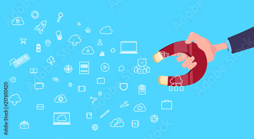 hand hold magnet communication data cloud internet synchronization icon pulling. network processing concept over blue background flat design vector illustration