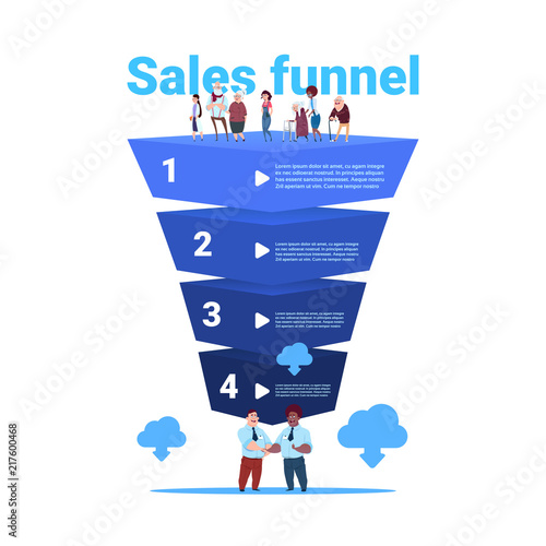 sales funnel with mix race old people full length cloud synchronization stages business infographic. purchase diagram concept over white background copy space flat design vector illustration