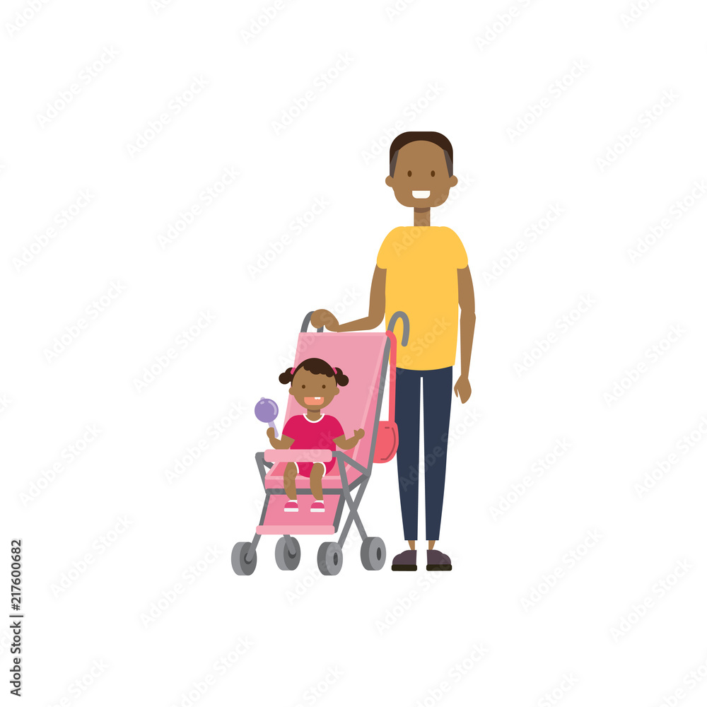 african father daughter baby in stroller full length avatar on white background, successful family concept, flat cartoon vector illustration african father daughter baby in stroller full length avatar on white background, successful family concept, flat cartoon vector illustration