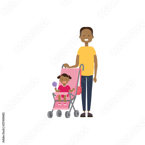 african father daughter baby in stroller full length avatar on white background, successful family concept, flat cartoon vector illustration © mast3r