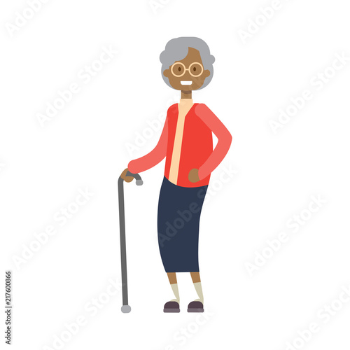 african grandmother with stick, full length avatar on white background, successful family concept, tree of genus flat cartoon design vector illustration