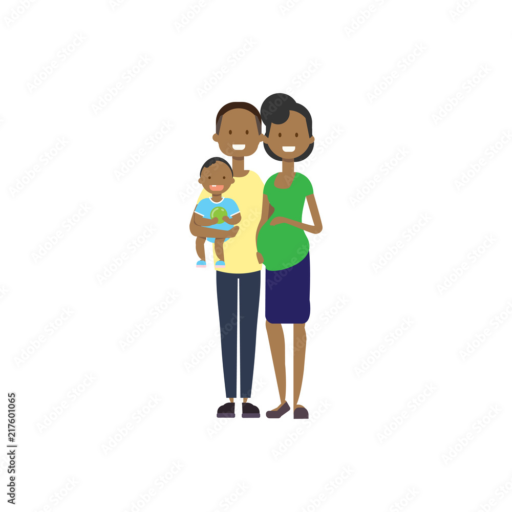 african pregnant mother father hold baby son full length avatar on white background, successful family concept, flat cartoon vector illustration