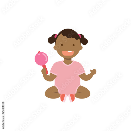 african baby girl with toy rattle full length avatar on white background, successful family concept, flat cartoon vector illustration