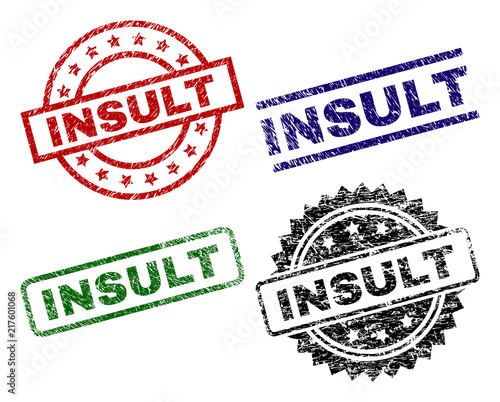 INSULT seal prints with distress style. Black, green,red,blue vector rubber prints of INSULT caption with retro style. Rubber seals with circle, rectangle, medal shapes.