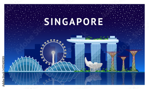 Journey to Singapore. Gorizontal banner. Night Singapore