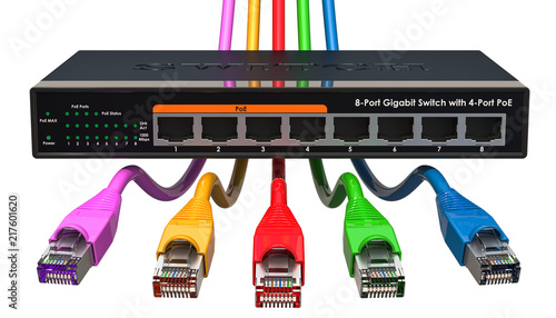 8 port Gigabit Ethernet switch with colored lan cables. 3D rendering