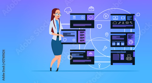 businesswoman over data privacy computing center with hosting servers infographic, network and database, internet center, communication support, flat design, banner vector illustration