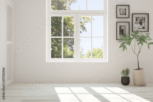 White empty room with summer landscape in window. Scandinavian interior design. 3D illustration photo