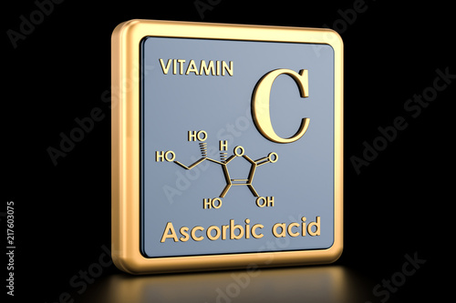 Vitamin C, ascorbic acid. Icon, chemical formula, molecular structure. 3D rendering