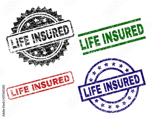 LIFE INSURED seal stamps with corroded texture. Black, green,red,blue vector rubber prints of LIFE INSURED title with corroded texture. Rubber seals with round, rectangle, rosette shapes.