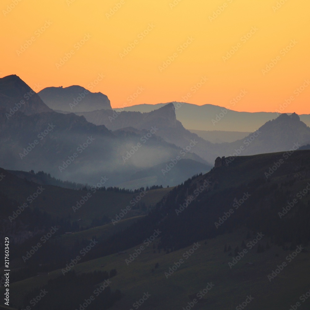 Summer sunset in the Bernese Oberland. View from Mount Niesen.