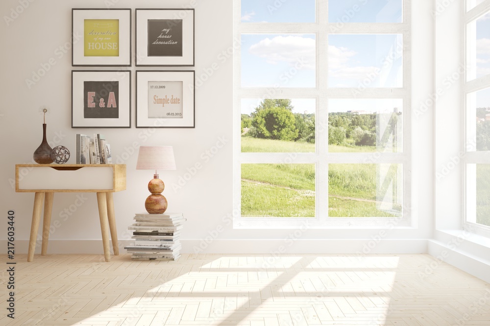 White empty room with summer landscape in window. Scandinavian interior design. 3D illustration White empty room with summer landscape in window. Scandinavian interior design. 3D illustration