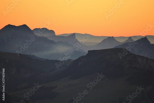 Mountains in the Bernese Oberland at sunset. View from Mount Niesen, Switzerland. © u.perreten