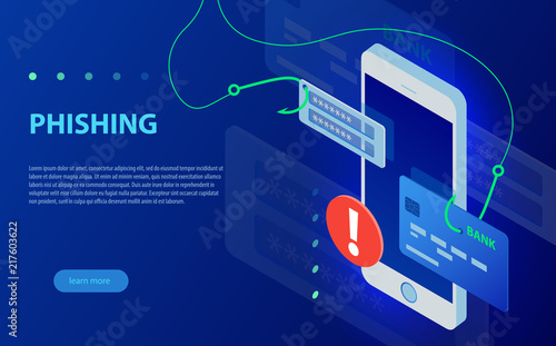 Phishing via internet isometric vector concept illustration. Hacking credit card