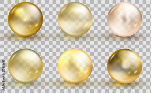 Golden glass ball template. Oil gold bubble isolated on transparent background.