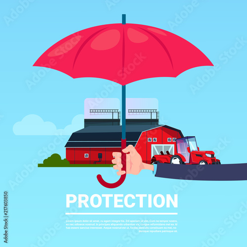 insurance service hand umbrella protective tractor farm agriculture on blue background flat copy space vector illustration