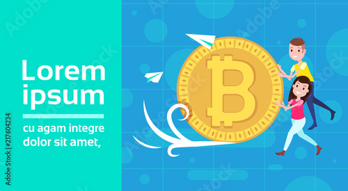 man girl character pushing coin bitcoin mining template for design work and animation cryptocurrency on blue background full length flat copy space vector illustration