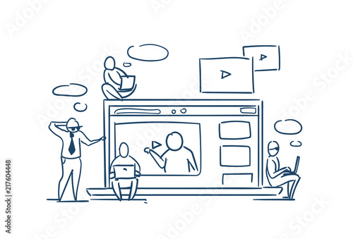media player online training video webinar concept business people sitting on laptop videoblogs on white background sketch doodle vector illustration