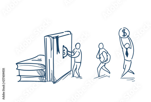 business people putting money in book stack bank investment in education concept on white background sketch doodle vector illustration