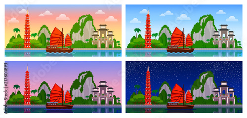 Vietnam. Panoramic view. Night, day, dawn and sunset, morning and sunrise. City skyline for flyer, magazine, poster, horizontal banner and guide book