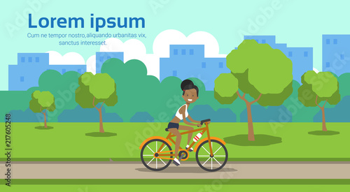 african american woman cycling city park green lawn trees template landscape background copy space horizontal flat vector illustration