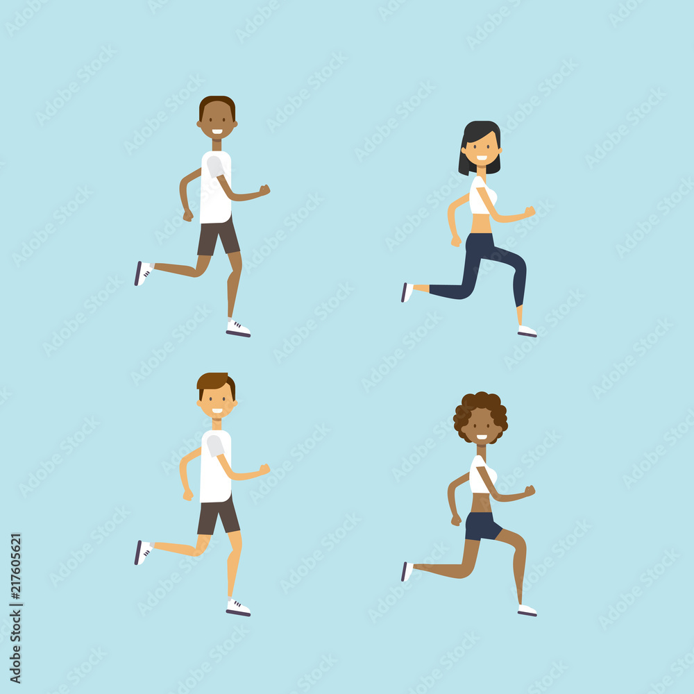 set diversity man woman running mix race male female character full length on blue background flat vector illustration