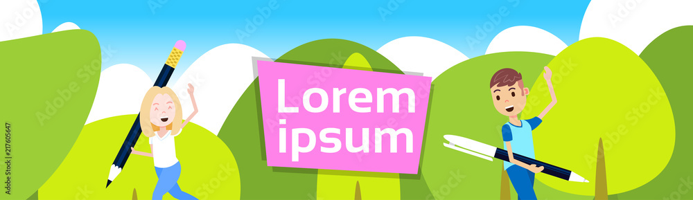 Naklejka premium man girl character hold pencil pen template for design work and animation over green landscape background portrait flat banner copy space vector illustration