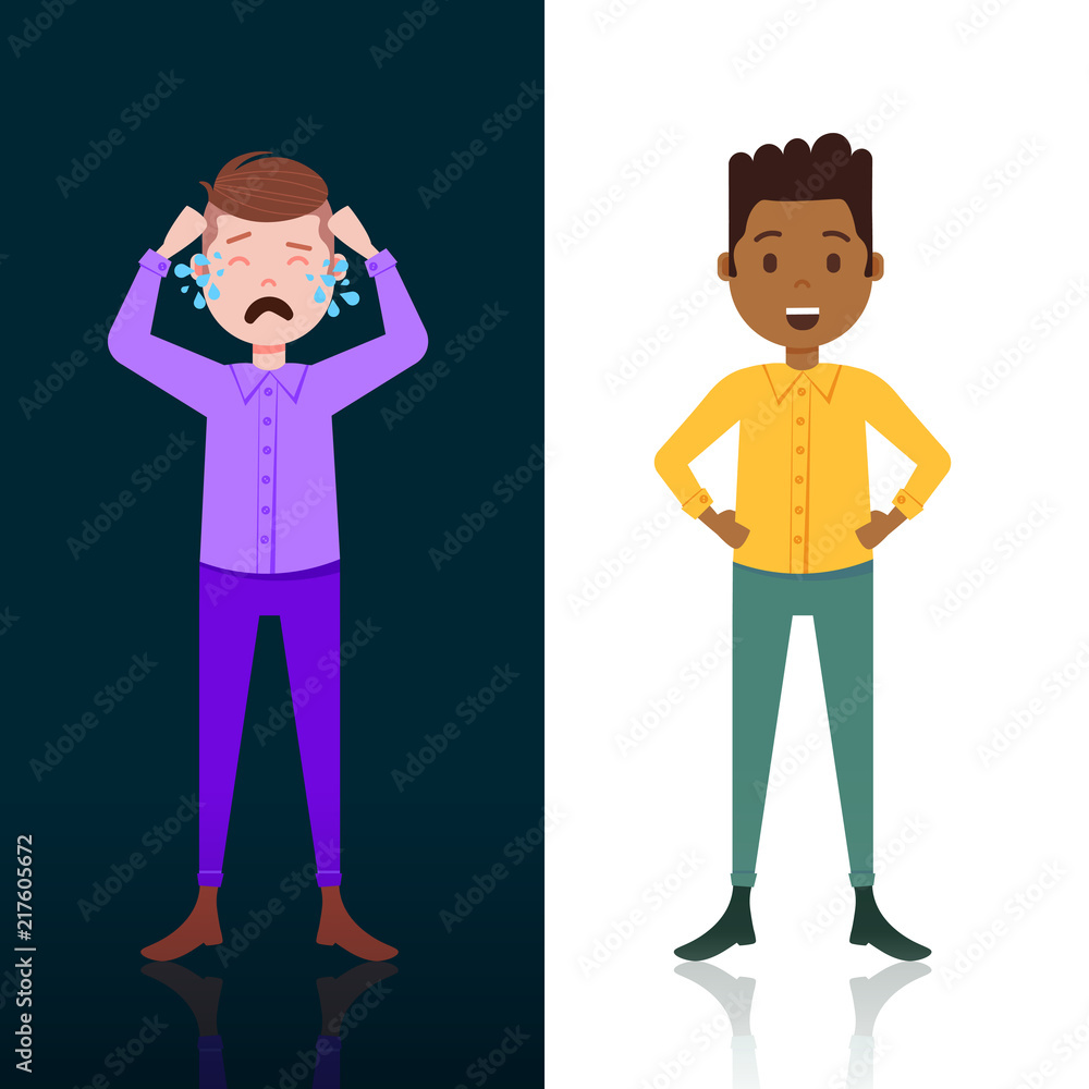 crying and happy man character white dark side mix race male template for design work and animation full length vertical flat vector illustration