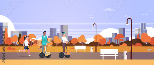 urban autumn park outdoors activities man woman riding gyroscooter running nature city buildings street lamps cityscape horizontal banner flat vector illustration