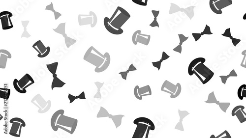 The texture is a seamless pattern with beautiful cheerful festive bright colored black good bows bow ties and magical gentleman's hats by cylinders. Vector illustration. The background.