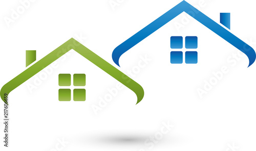 Zwei Häuser, Dächer, Immobilien und Dachdecker Logo