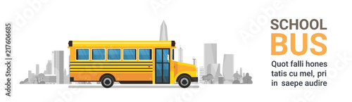 yellow bus back to school pupils transport concept on cityscape skyscraper background flat copy space banner vector illustration