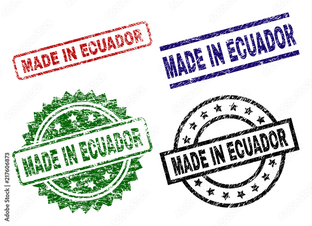 MADE IN ECUADOR seal prints with distress texture. Black, green,red,blue vector rubber prints of MADE IN ECUADOR tag with retro surface. Rubber seals with circle, rectangle, rosette shapes. MADE IN ECUADOR seal prints with distress texture. Black, green,red,blue vector rubber prints of MADE IN ECUADOR tag with retro surface. Rubber seals with circle, rectangle, rosette shapes.